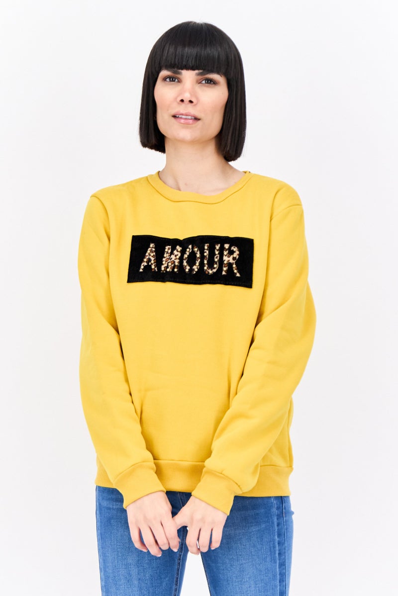 Buzz Women Crew Neck Textured Sweatshirt, Mustard - Image 1
